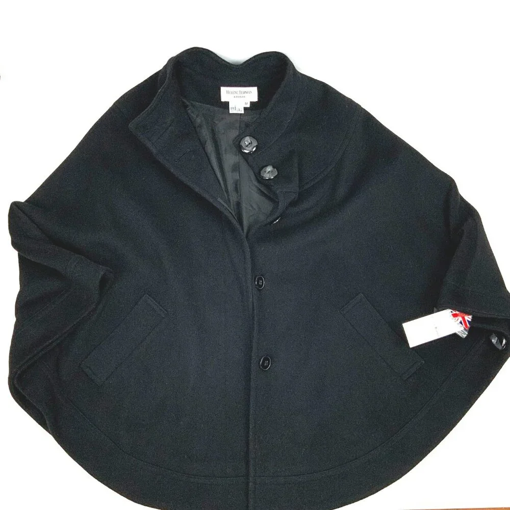 New Helene Berman London Black Wool Cashmere Poncho Cape Sz M - Picture 14 of 16